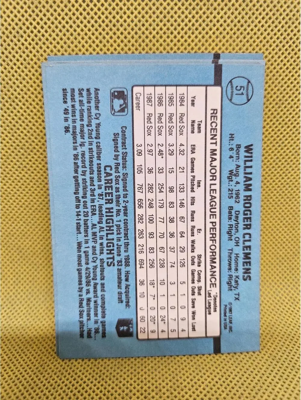 Roger Clemens - 1988 Donruss #51 - Red Sox - RAW Mint